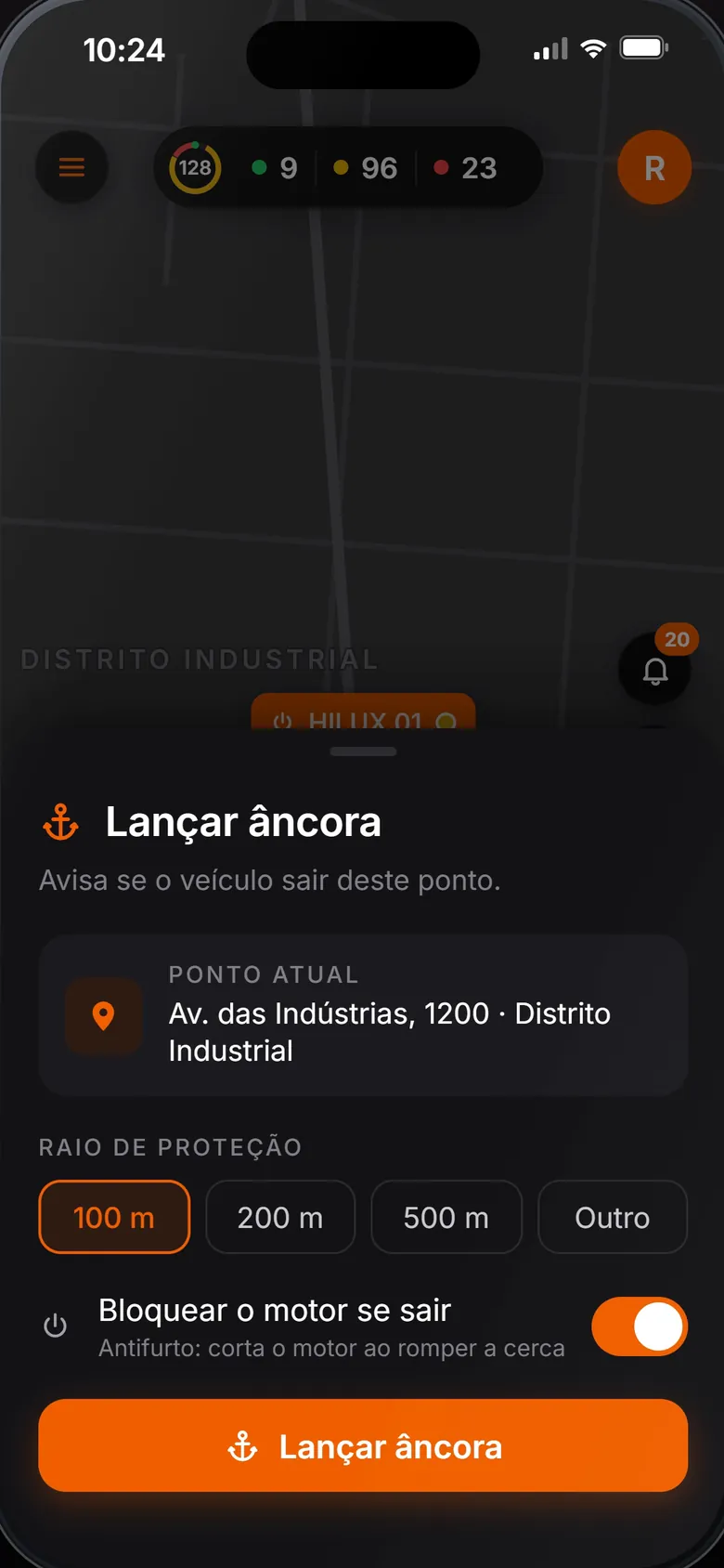 Folha Lançar âncora com o raio de 100 metros e o bloqueio do motor ligado
