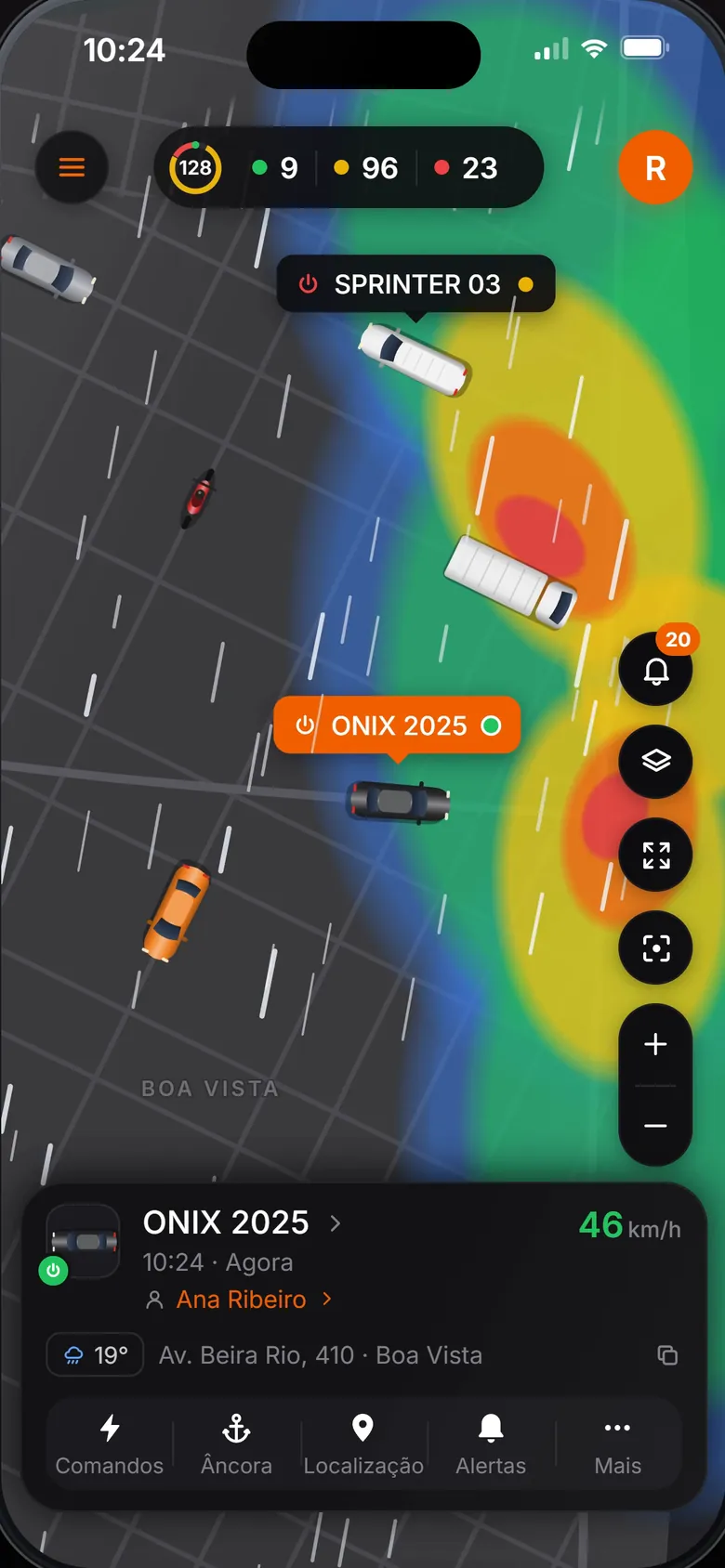 Mapa com o radar de chuva ligado sobre o ONIX 2025